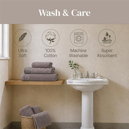 Modern Threads 6 Piece Cotton Bath Towel Set – Ultra Soft 550 GSM Towels – Bathroom Set with Hand Towels and Washcloths – Diamond Border (Classic Taupe) - color: Classic Taupe, style: Diamond Border