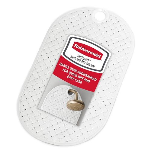 Rubbermaid INSTAMAT Bath Tub Shower Mat, Non-Slip Tub Mat with Suction Cups, Bath Mat Hangs on Showerhead for Quick Dry, 27.2 x 15.2 Inch, BPA-Free, Easy to Clean, for Inside Tub or Shower, White - color: White
