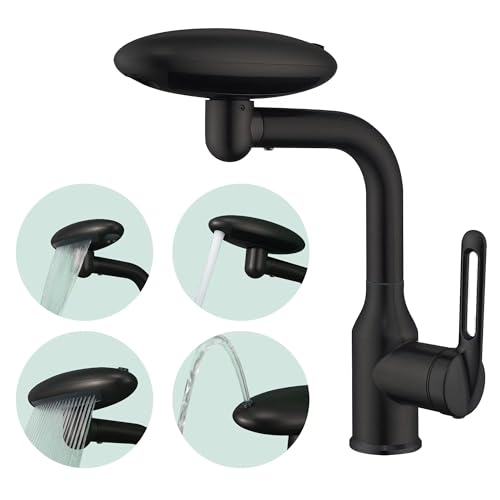 Bathroom Sink Faucet 1 Hole, Matte Black Multifunctional Basin Faucet with 4 Water Outlet Modes, Modern 360°Rotatable Bar Tap with Two Water Supply Pipes - color: Matte Black