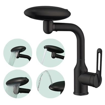 Bathroom Sink Faucet 1 Hole, Matte Black Multifunctional Basin Faucet with 4 Water Outlet Modes, Modern 360°Rotatable Bar Tap with Two Water Supply Pipes - color: Matte Black