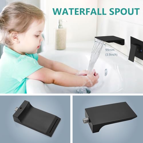 Wall Mount Bathroom Faucet, Waterfall Tub Filler, Matte Black | SUS304 Waterfall Spout, Rough-In Valve, Single-Handle Control, 1/2-Inch NPT, Flexible Handle Placement - color: Matte Black