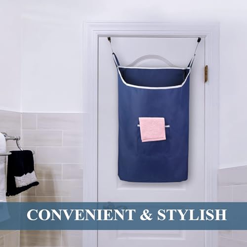 Fine Living Co. Large Hanging Laundry Hamper with Over Door Hooks & Adhesive, Durable Space Saving Laundry Bag with Zipper and Wide Open Top, Hanging Dorm Laundry Hamper (Navy Blue-XL) | Hanging Dorm Laundry Hamper with Over Door Hooks & Adhesive, Durable