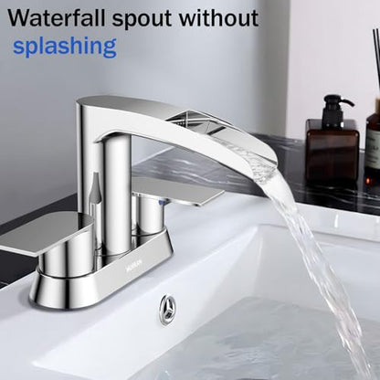 Bathroom Sink Faucet for 3 Hole, Hurran 4 Inch Bathroom Faucets with Pop-up Drain, Stainless Steel 2-Handle Waterfall Faucet for Bathroom Sink, Chrome - color: Chrome