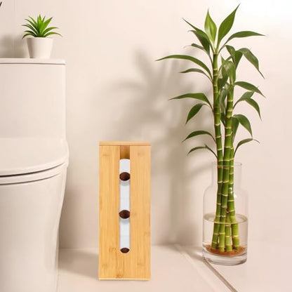Bamboo Toilet Paper Storage,Wood Toilet Paper Holder Stand,Freestanding Vertical Tissue Storage Organizer, Holds 4 Rolls, 16.1 x 5.9 x 5.9 in / 41 x 15 x 15 cm, for Bathroom Organizer
