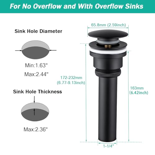 Dual Use Pop Up Drain Stopper, Bathroom Vanity Vessel Sink Stopper, Matte Black, for Basin with or Without Overflow Hole - color: Matte Black
