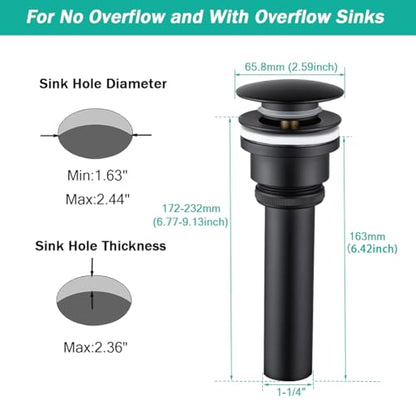 Dual Use Pop Up Drain Stopper, Bathroom Vanity Vessel Sink Stopper, Matte Black, for Basin with or Without Overflow Hole - color: Matte Black