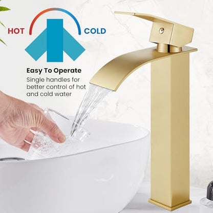 gotonovo Waterfall Tall Bathroom Faucet 1 Hole No Drain, Brushed Gold | Modern Vessel Sink Faucet Single Handle 304 Stainless Steel,24” cUPC Supply Hoses,for Bowl Basin Lavatory Vanity Restroom RV - color: Gold