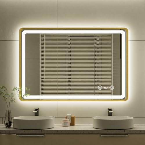 24x36 Inch Gold Framed LED Bathroom Mirror, Smart Bathroom Mirror with Motion Sensor Lights, Anti Fog, Stepless Dimmable & 3 Colors Temperature Adjustment, LED Vanity Mirror for Wall - color: Gold-with Sensor Lights, size: 24"L x 36"W
