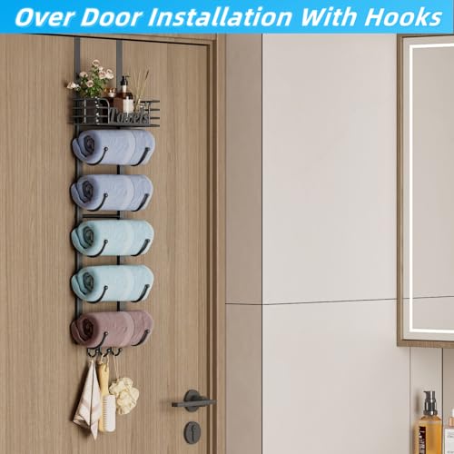 Over The Door Towel Rack 6 Tier with Metal Shelf and Hooks, Black | Wall Mounted, Rolled Towel Storage, Bathroom Door Holder Organizer