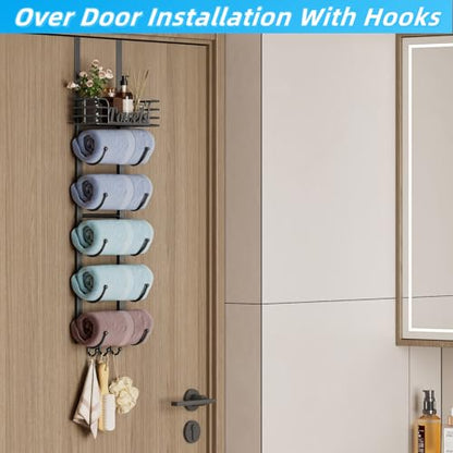 Over The Door Towel Rack 6 Tier with Metal Shelf and Hooks, Black | Wall Mounted, Rolled Towel Storage, Bathroom Door Holder Organizer