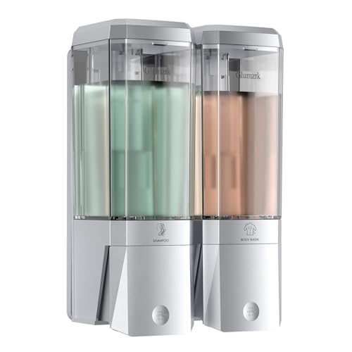 Shampoo and Conditioner Dispenser 2 Chamber No Drill Shower Soap Dispenser Wall Mounted Shampoo Conditioner Body Wash Dispenser 2 * 500ml Refillable Shower Dispenser for Bathroom Hotel, Silver