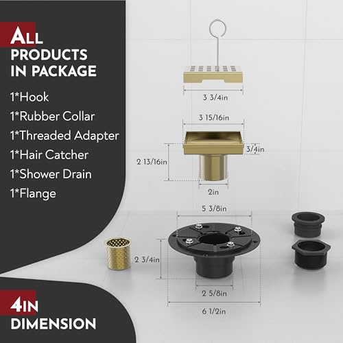 4 Inch Square Shower Drain Gold Floor Drain with Flange Square Holes Pattern Cover Grate Removable SUS304 Stainless Steel Watermark&CUPC Certified Brushed Gold - color: Brushed Gold, size: 4 Inch