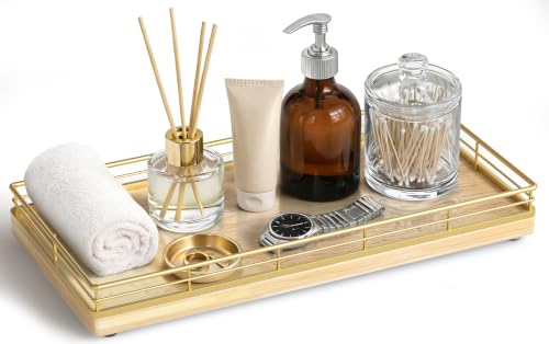 Bathroom Vanity Tray for Countertop, 12" x 6" Oak Wood Toilet Tank Tray | Metal Guardrail, Bathroom Organizer for Soap, Perfume & Skincare, Non-Slip Decorative Tray for Dresser, Gold & Natural Oak - color: Natural, size: 12" x 6" x 1.5"