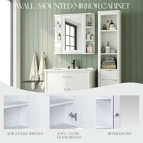 Merax Bathroom Medicine Cabinet, Bathroom Mirror Cabinet Wall Mounted with 6 Side Open Shelves, White Wall Cabinet with Mirror, White - color: White, style: With Mirror
