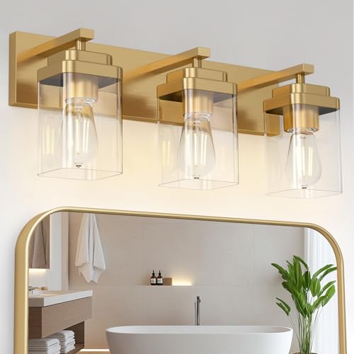 Brushed Gold Bathroom Light Fixtures, 3 Lights Bathroom Lighting Fixtures Over Mirror, Square Design & Rectangle Large Backplate, Modern Vanity Lighting Fixtures, for Living Room/Bedroom - color: Gold, size: 22-inch, 3-Light
