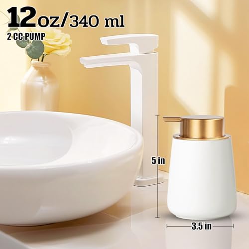 Foaming Soap Dispenser - 12 Oz White Ceramic Foam Hand Soap Dispenser for Bathroom, Face Wash Dispenser Bottle with Matte Golden Foam Pump, Refillable Dish Dispenser for Kitchen - color: White-golden