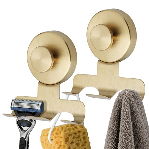 Suction Razor Holder for Shower 2-Pack | Suction cup hooks for razors, towels & loofahs – fits tiles, glass doors, or mirrors-Removable reusable shower hooks-Gold - color: Gold