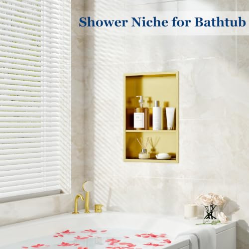 Qeke 12" x 18" Stainless Steel Shower Niche w/Double Shelves, Brushed Golden - color: Brushed Golden, size: 12X18"