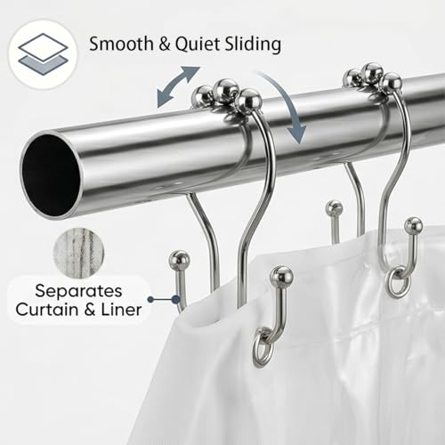 12Pcs Stainless Shower Curtain Hooks,Rust Proof Anti-Drop Curtain Hooks,Sturdy Metal Shower Curtain Rings,Glide Roller Double Shower Hooks,Smooth Sliding Rings for Bathroom Shower Rods Curtains,Silver