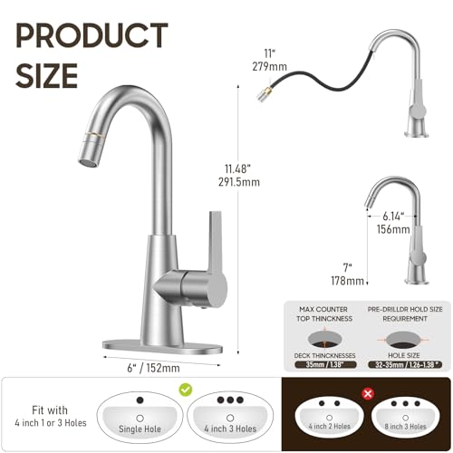 Tall Bathroom Faucets with Pull Down Sprayer, Brushed Nickel High Arc Single Handle Pull Out Faucet, 1 or 3 Hole Utility Sink Laundry Bar Faucet Pull Out with Deck Plate WE10CL-ZY-BN - color: Brushed Nickel