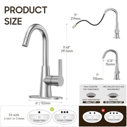 Tall Bathroom Faucets with Pull Down Sprayer, Brushed Nickel High Arc Single Handle Pull Out Faucet, 1 or 3 Hole Utility Sink Laundry Bar Faucet Pull Out with Deck Plate WE10CL-ZY-BN - color: Brushed Nickel