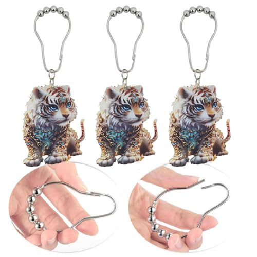 Tiger Shower Curtain Hooks Set of 12, Animal Theme Room Decor | Rustproof Metal Stainless Steel Curtain Rings, Decorative Acrylic Tiger Forest Wildlife Park Theme Bathroom Decor Set