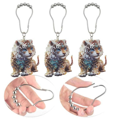 Tiger Shower Curtain Hooks Set of 12, Animal Theme Room Decor | Rustproof Metal Stainless Steel Curtain Rings, Decorative Acrylic Tiger Forest Wildlife Park Theme Bathroom Decor Set