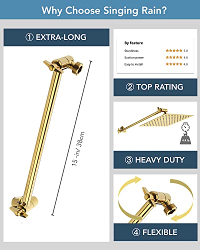 15 Inch Extra Long Adjustable Shower Head Extension Arm With Locking Set Screw, Singing Rain 304 Stainless Steel Angle Height Adjustable, G1/2 Universal Connector Compatible (Egyptian Gold) - color: 5. Egyptian Gold, style: 15 inch