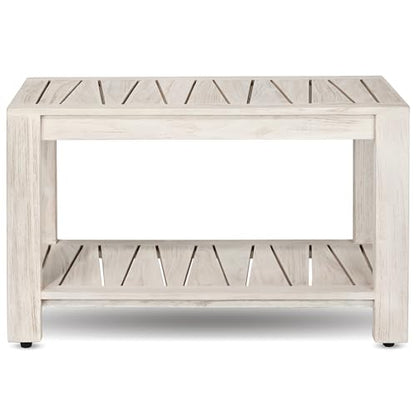 The Sitara Teak Shower Bench with Shelf, 30" Wide, Rustic Light Grey Wash