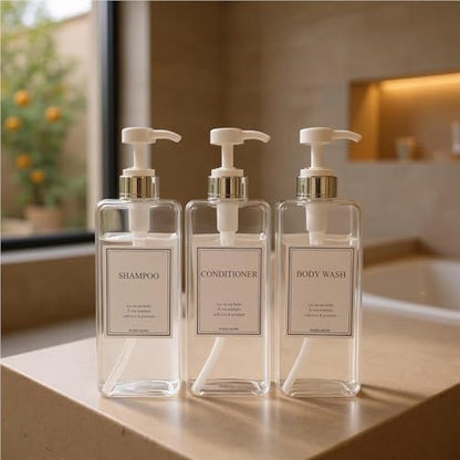 Modern Design Shampoo and Conditioner Dispenser, Large 27oz Shower Soap Dispenser, Set of 3 Refillable Empty Plastic Pump Bottles for Bathroom, 6 Waterproof Labels Included, (Clear & Silver) - color: Clear & Silver