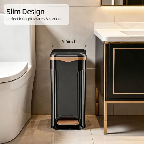 JOYZAN Slim Bathroom Trash Can with Pop-Up Lid Step Pedal Waste Basket | Foot Pedal Trash Can 2.6 Gallon Dog Proof Plastic Garbage Bin for Kitchen, Living Room, Bedroom, Office Black