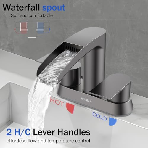Bathroom Sink Faucet for 3 Hole, Hurran 4 Inch Bathroom Faucets with Pop-up Drain, Stainless Steel 2-Handle Waterfall Faucet for Bathroom Sink, Brushed Grey - color: Brushed Grey