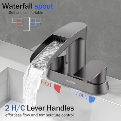 Bathroom Sink Faucet for 3 Hole, Hurran 4 Inch Bathroom Faucets with Pop-up Drain, Stainless Steel 2-Handle Waterfall Faucet for Bathroom Sink, Brushed Grey - color: Brushed Grey