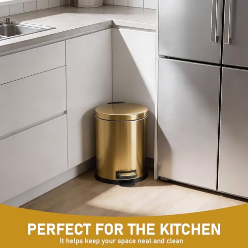 SIMPLYKLEEN Bathroom Trash Can with Lid - 2PC 1.3 Gallon/ 5L Oval Small Trash Can with Soft-Close Lid, Foot Pedal, Brushed Stainless Steel, Removable Liner, Garbage can for Kitchen, Office, Home Gold - color: Gold, size: 5L Oval 2PC