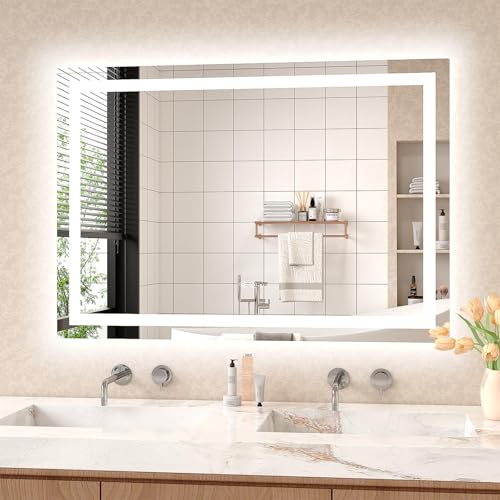 LED Mirror for Bathroom 40x28 Lighted Bathroom Vanity Mirrors with Lights, Brighter Frontlit and Backlit Anti-Fog Mirror, Tempered Glass, Dimmable 3 Colors Light Modes, Memory Function - size: 40"L x 28"W