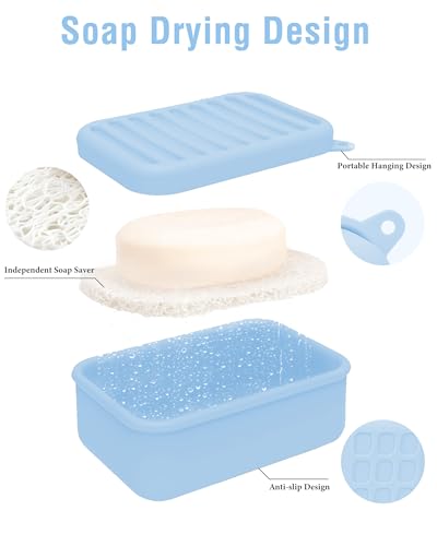 Silicone Travel Soap Case with Lid & Drain Tray, Leakproof, for Travel | Food-grade silicone, Leakproof seal, Built-in hook, Removable drain pad doubles as soap holder, For gym, travel, camping - color: Blue
