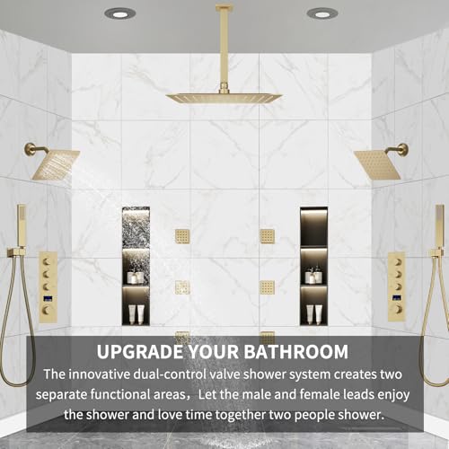 Dual Shower Mixer 6 Way Full Body Shower Head System Rain 12+8+8 Inch With Wall Mount 6 Pcs Jets 2 Handheld Shower Diverter Valve Digital Display Fauct Set,Brushed gold - color: Brushed gold