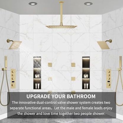 Dual Shower Mixer 6 Way Full Body Shower Head System Rain 12+8+8 Inch With Wall Mount 6 Pcs Jets 2 Handheld Shower Diverter Valve Digital Display Fauct Set,Brushed gold - color: Brushed gold