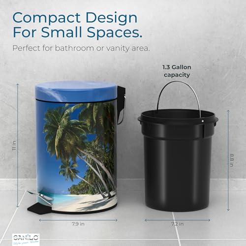 Sanilo Small Bathroom Trash Can with Lid [1.3 Gallon] - Lidded Tiny Trashcan for Garbage - Mini Metal Bin with Soft Closing Mechanism - Bath Room Accessoire Wastebin with Inner Bucket (Caribbean) - color: Caribbean