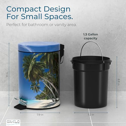 Sanilo Small Bathroom Trash Can with Lid [1.3 Gallon] - Lidded Tiny Trashcan for Garbage - Mini Metal Bin with Soft Closing Mechanism - Bath Room Accessoire Wastebin with Inner Bucket (Caribbean) - color: Caribbean