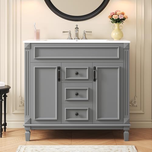 Merax 36" Bathroom Vanity with Sink, 2 Doors & 2 Drawers Storage Cabinet | Freestanding Single Bathroom Sink Vanity Cabinet Set with 36" Ceramic Sink (Sink Cabinet Only, Gray) - color: Grey, style: Sink Cabinet Only
