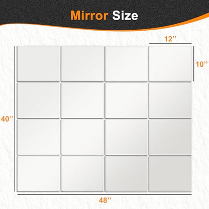 Frameless Mirror Tiles 12"x10"x16 Pcs Wall Mounted | Shatter Resistant, Full Length, Tempered Glass Panels, For Home Gym Bathroom Bedroom & Living Room Decor - size: 12''x10''-16PCS