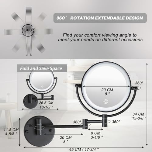 8" Wall Mounted Lighted Makeup Vanity Mirror, 10X Magnifying, Matte Black | Double-Sided, Bathroom, Touch Dimming, 3 Color Lighting, Brass Extendable Arm 360 Swivel Shaving, Hardwired - color: Matte Black