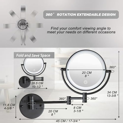 8" Wall Mounted Lighted Makeup Vanity Mirror, 10X Magnifying, Matte Black | Double-Sided, Bathroom, Touch Dimming, 3 Color Lighting, Brass Extendable Arm 360 Swivel Shaving, Hardwired - color: Matte Black