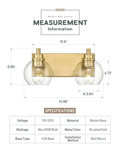 Bathroom Light Fixtures, 2 Light Brushed Gold Vanity Light, Modern Wall Sconces with Clear Glass Globe Shade, Bathroom Wall Lights Over Mirror Kitchen Bedroom Hallway, VL195-GD-2 | 15" modern bathroom light fixtures over mirror, E26 base, bulbs not includ