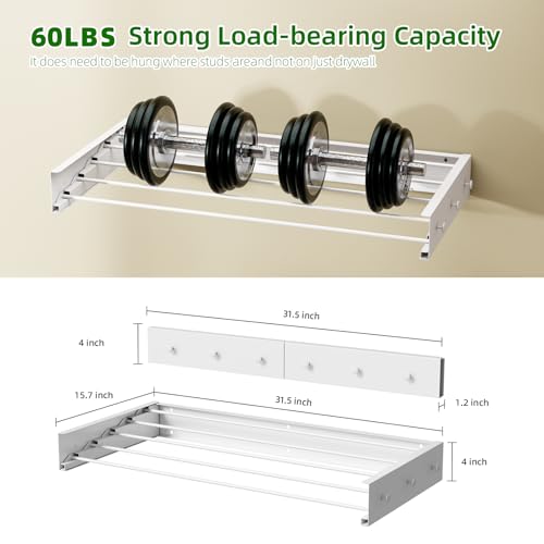 BAKON Wall Mounted Drying Rack 32'', Hidden Clothes Drying Rack for Indoor | Space Saving for Balcony Laundry Room Small Space, 60lbs Capacity, 6 Towel Hooks and 5 Rods, Invisible,Heavy Duty Metal - size: 31.5''【6 Hooks】