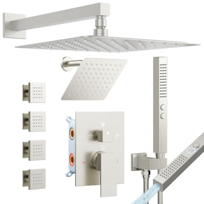 Rainfall Shower System with 4 Body Spray Jets, STARBATH 4 Way 12 + 6"Rainfall Shower Head with Handheld Combo, Shower Jets System High Pressure Shower Faucet Set, Brushed Nickel - color: Brushed Nickel, size: 6"+12"-04