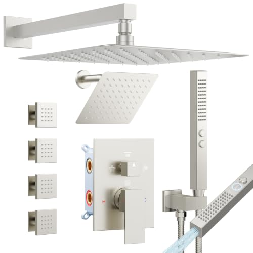 Rainfall Shower System with 4 Body Spray Jets, STARBATH 4 Way 12 + 6"Rainfall Shower Head with Handheld Combo, Shower Jets System High Pressure Shower Faucet Set, Brushed Nickel - color: Brushed Nickel, size: 6"+12"-04