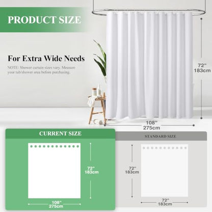 Extra Wide Waffle Shower Curtain 256 GSM Fabric 108x72 White | 108 Inch Wide, Thick Cloth, Weighted Hem, Water Repellent, Hotel Luxury Polyester Shower Curtain Set for Bathroom 18 Hooks - color: A. White, size: 108"W x 72"L (Pack of 1)