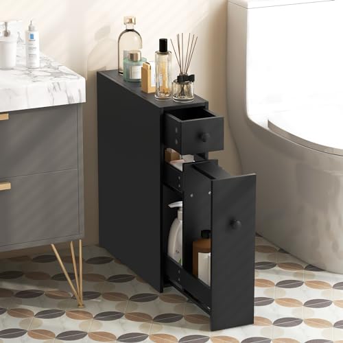 Tangkula Slim Bathroom Cabinet, Free-Standing Storage Cabinet with Slide Out Drawers, Narrow Floor Home Organizer Next to Toilet, Bathroom Toilet Paper Holder, 19 x 6.5 x 23 Inch (Black) - color: Black